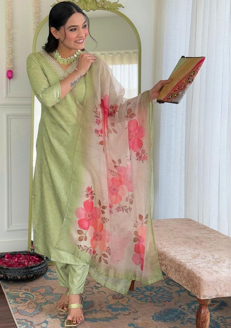 Lime Green Self Design Viscose Kurta Set - Indya