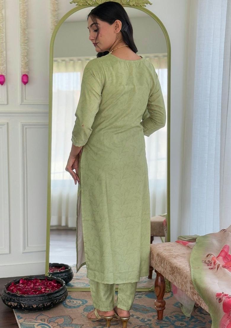 Lime Green Self Design Viscose Kurta Set - Indya