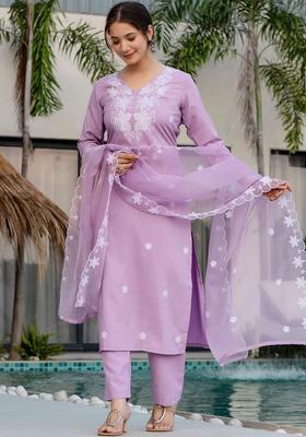 Lavender Embroidered Viscose Kurta Set