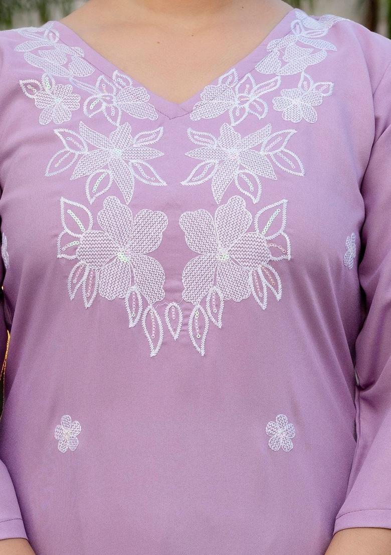 Lavender Embroidered Viscose Kurta Set - Indya
