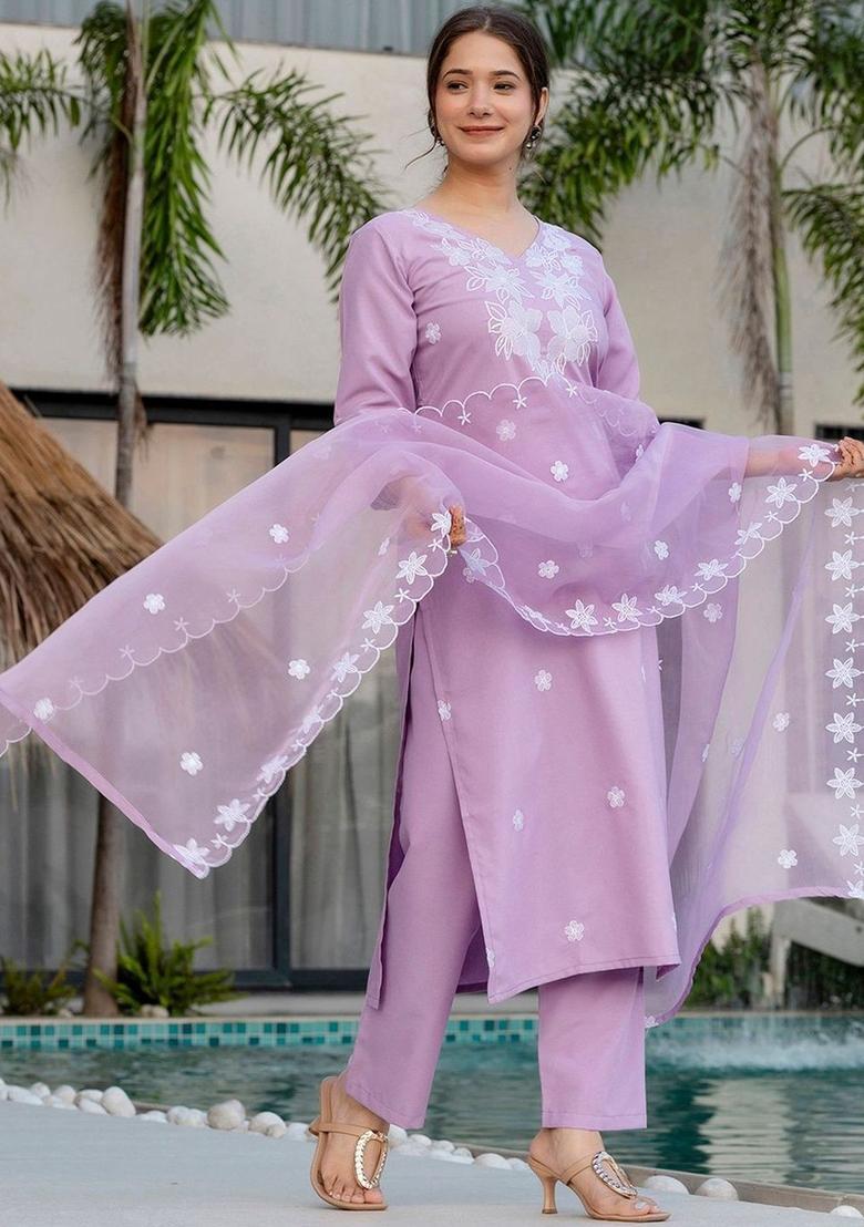 Lavender Embroidered Viscose Kurta Set - Indya