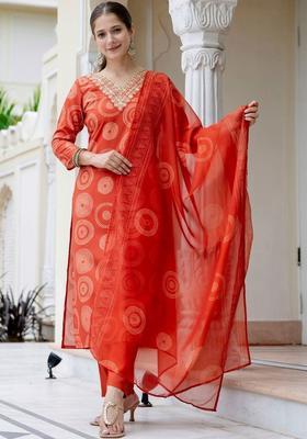 Red Printed Viscose Kurta Set