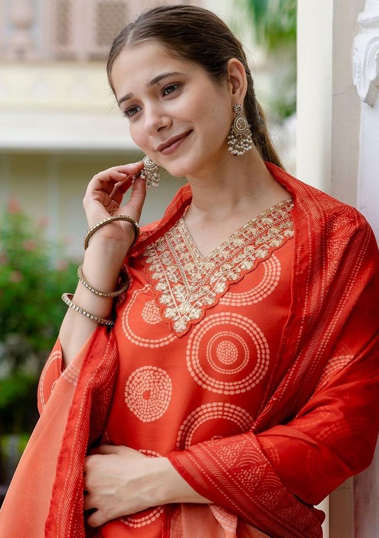 Red Printed Viscose Kurta Set - Indya