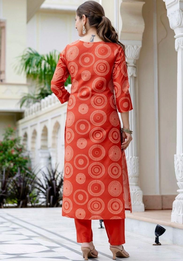 Red Printed Viscose Kurta Set - Indya