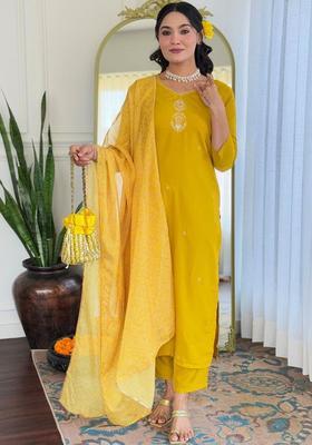 Yellow Embroidered Viscose Kurta Set