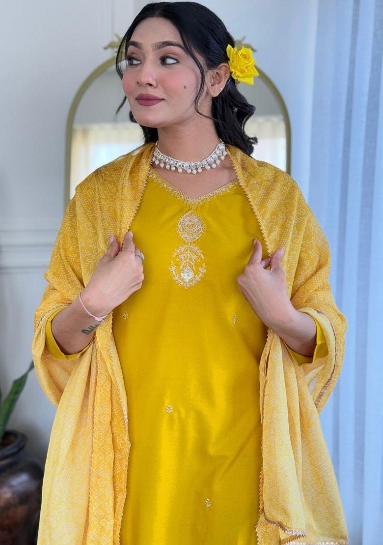 Yellow Embroidered Viscose Kurta Set - Indya