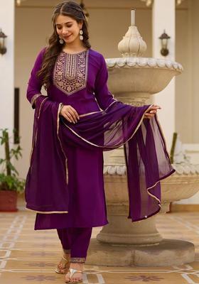 Purple Embroidered Viscose Kurta Set