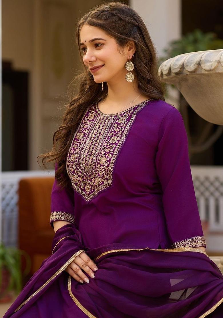 Purple Embroidered Viscose Kurta Set - Indya