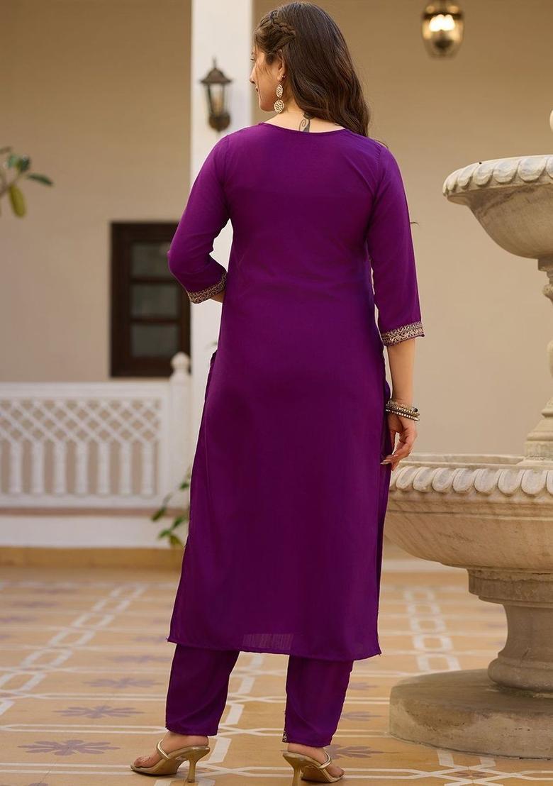 Purple Embroidered Viscose Kurta Set - Indya