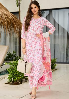 White Printed Silk Kurta Set