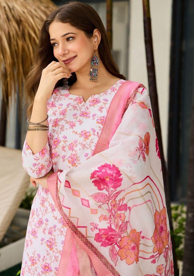 White Printed Silk Kurta Set - Indya