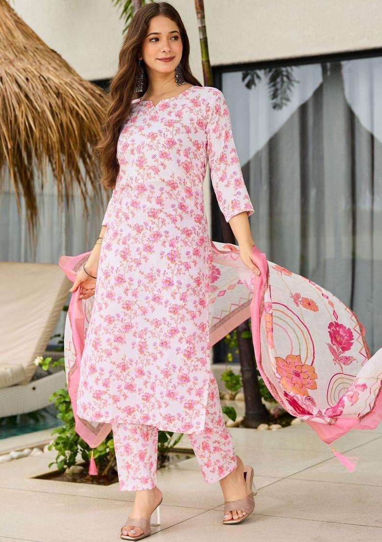 White Printed Silk Kurta Set - Indya