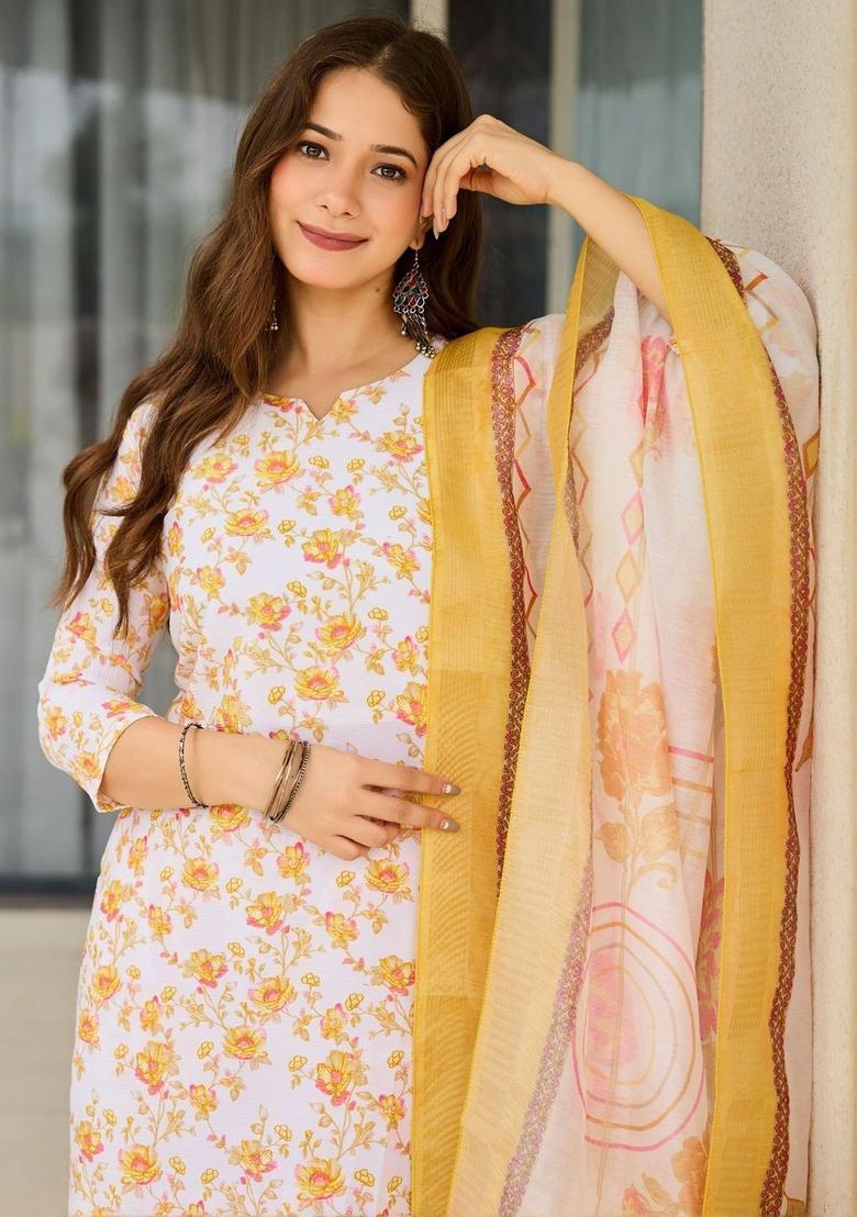 White Printed Silk Kurta Set - Indya