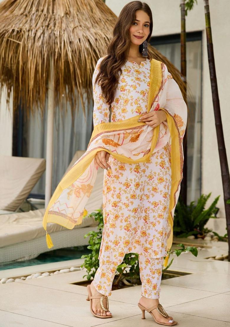 White Printed Silk Kurta Set - Indya