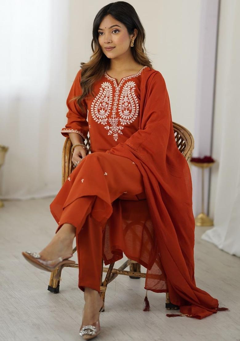 Orange Embroidered Silk Kurta Set - Indya
