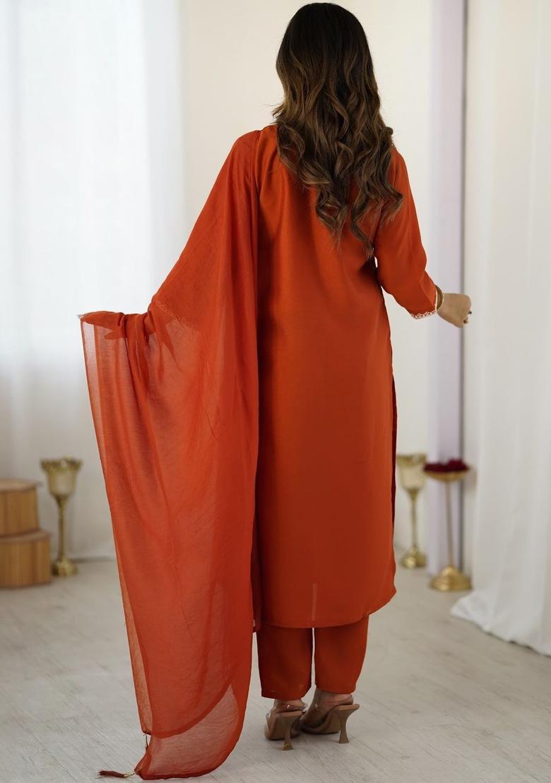 Orange Embroidered Silk Kurta Set - Indya