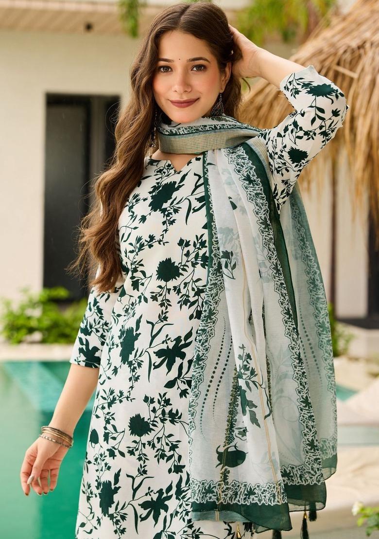 White Printed Silk Kurta Set - Indya