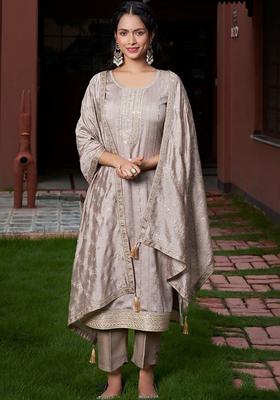Grey Woven Design Silk Kurta Set