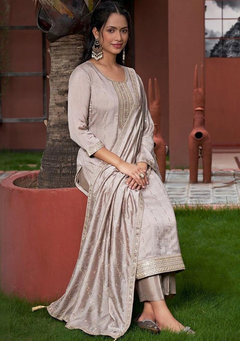 Grey Woven Design Silk Kurta Set - Indya