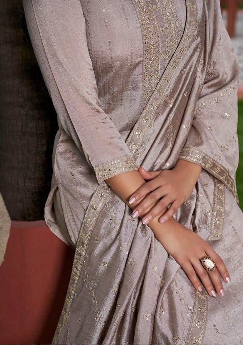 Grey Woven Design Silk Kurta Set - Indya