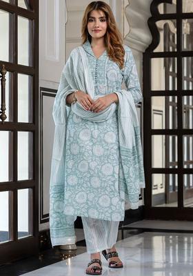 Green Printed Cotton Kurta Set