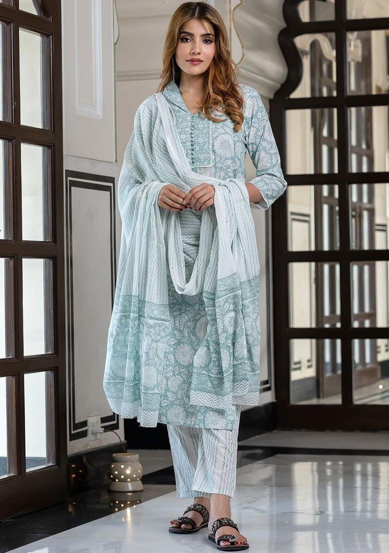 Green Printed Cotton Kurta Set - Indya
