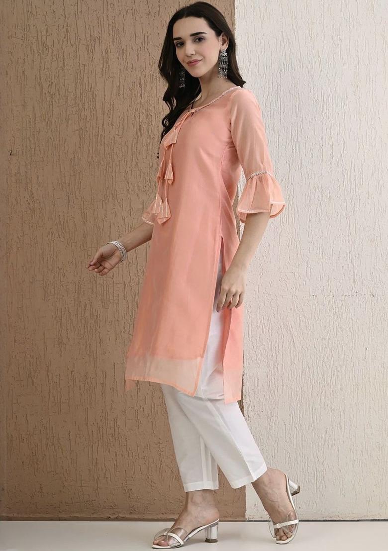 Peach Solid Cotton Kurta Set - Indya