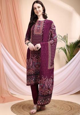 Purple Printed Silk Kurta Set