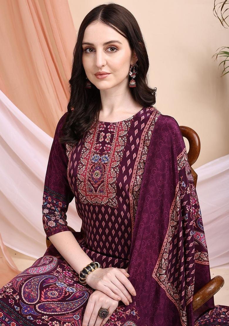 Purple Printed Silk Kurta Set - Indya