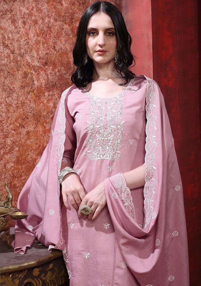 Pink Embroidered Silk Kurta Set - Indya