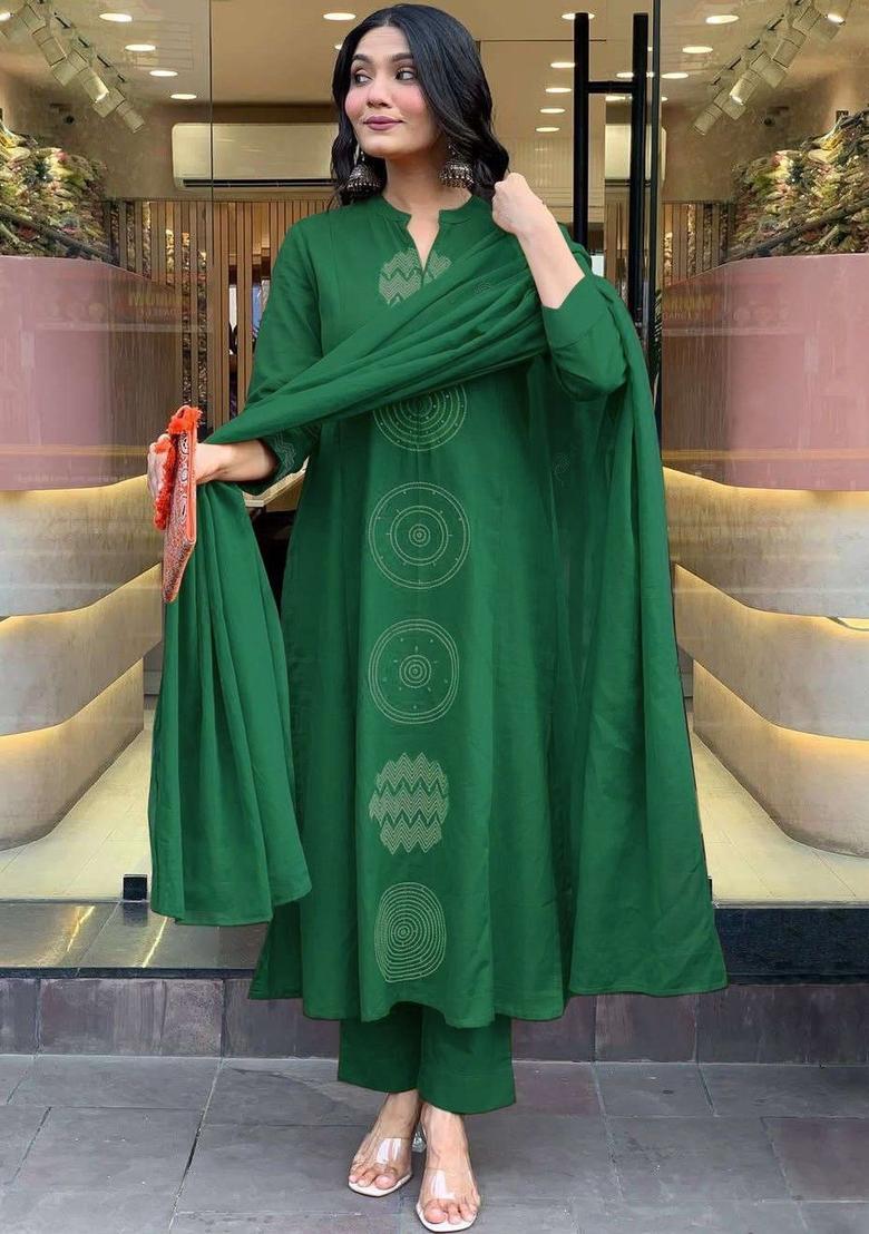 Green Printed Viscose Kurta Set - Indya