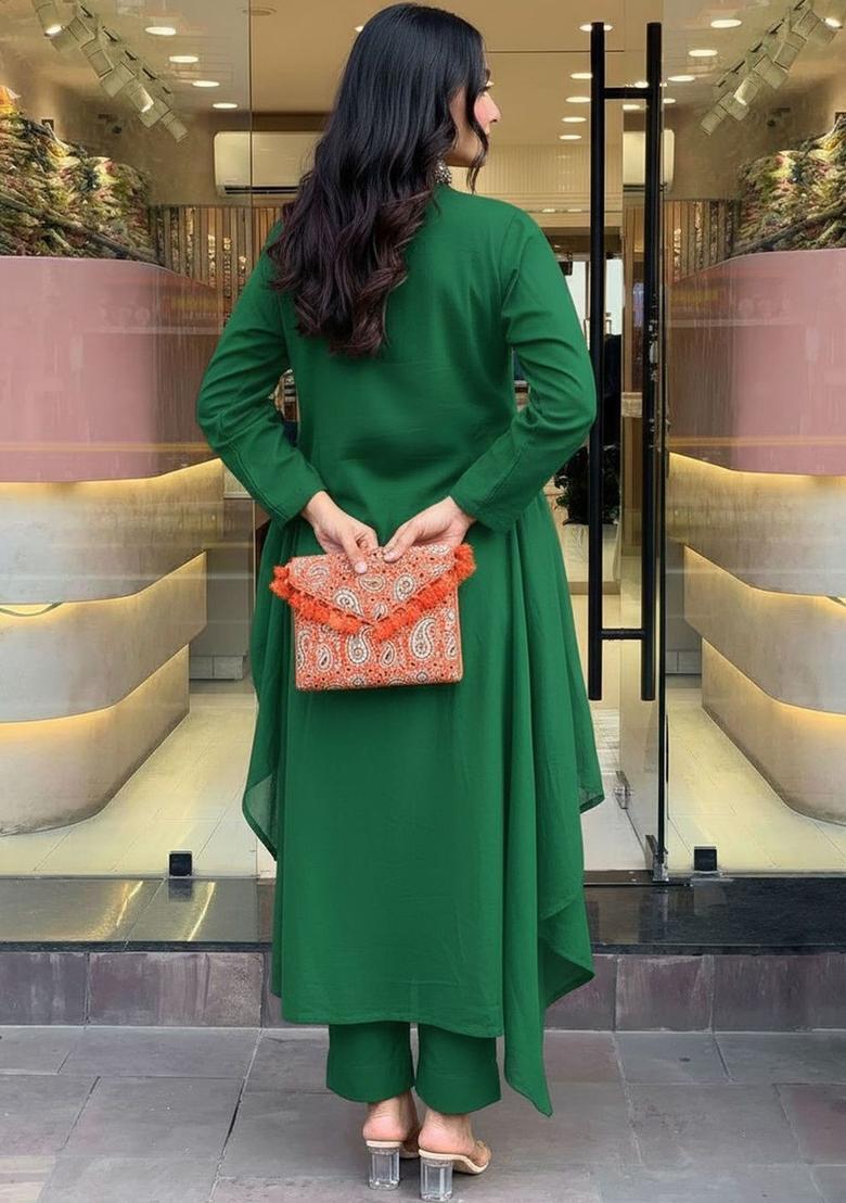 Green Printed Viscose Kurta Set - Indya