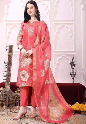 Red Printed Silk Kurta Set