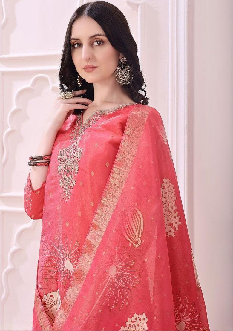 Red Printed Silk Kurta Set - Indya