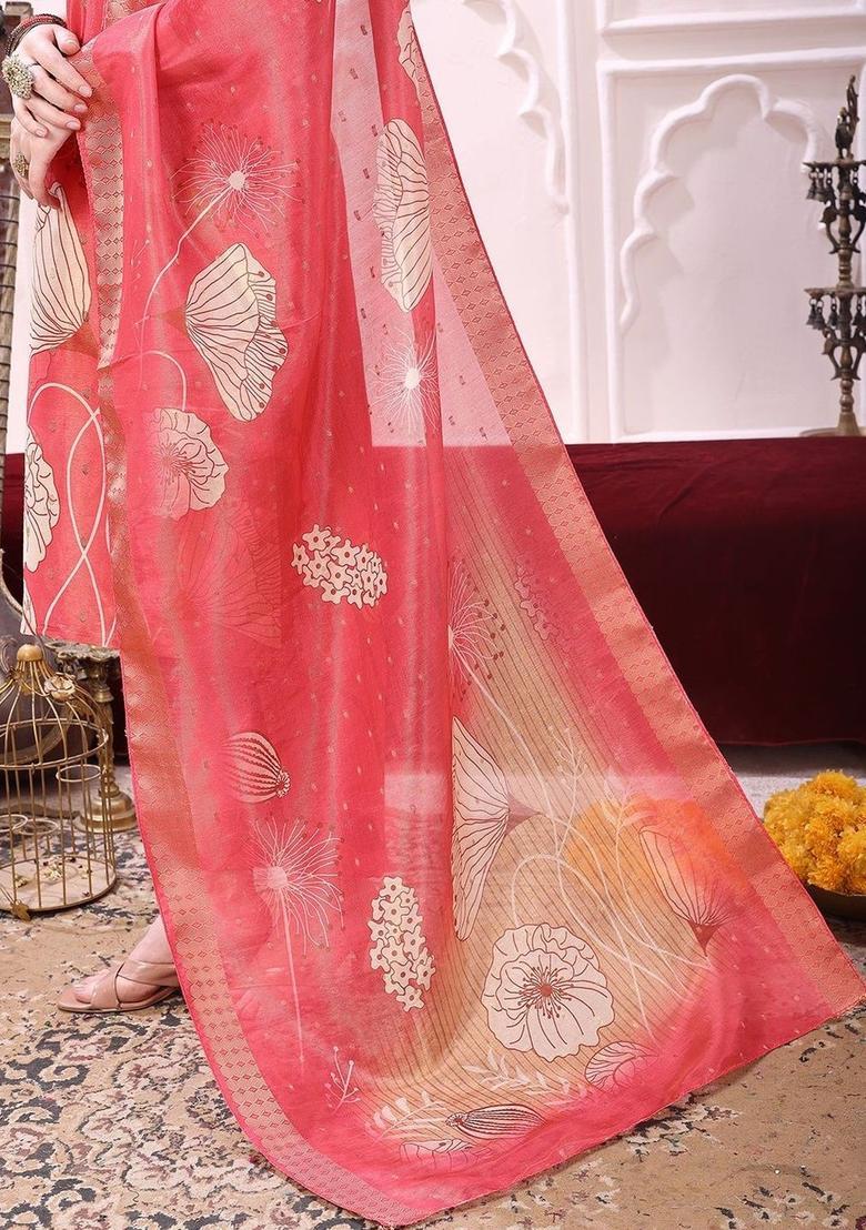 Red Printed Silk Kurta Set - Indya