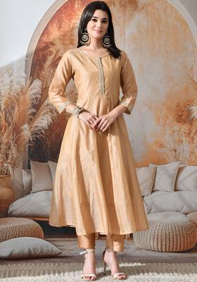 Beige Solid Silk Kurta Set