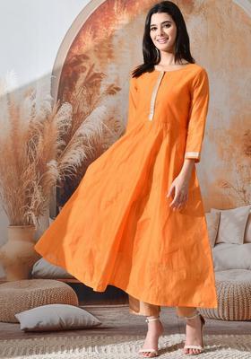 Orange Solid Silk Kurta Set
