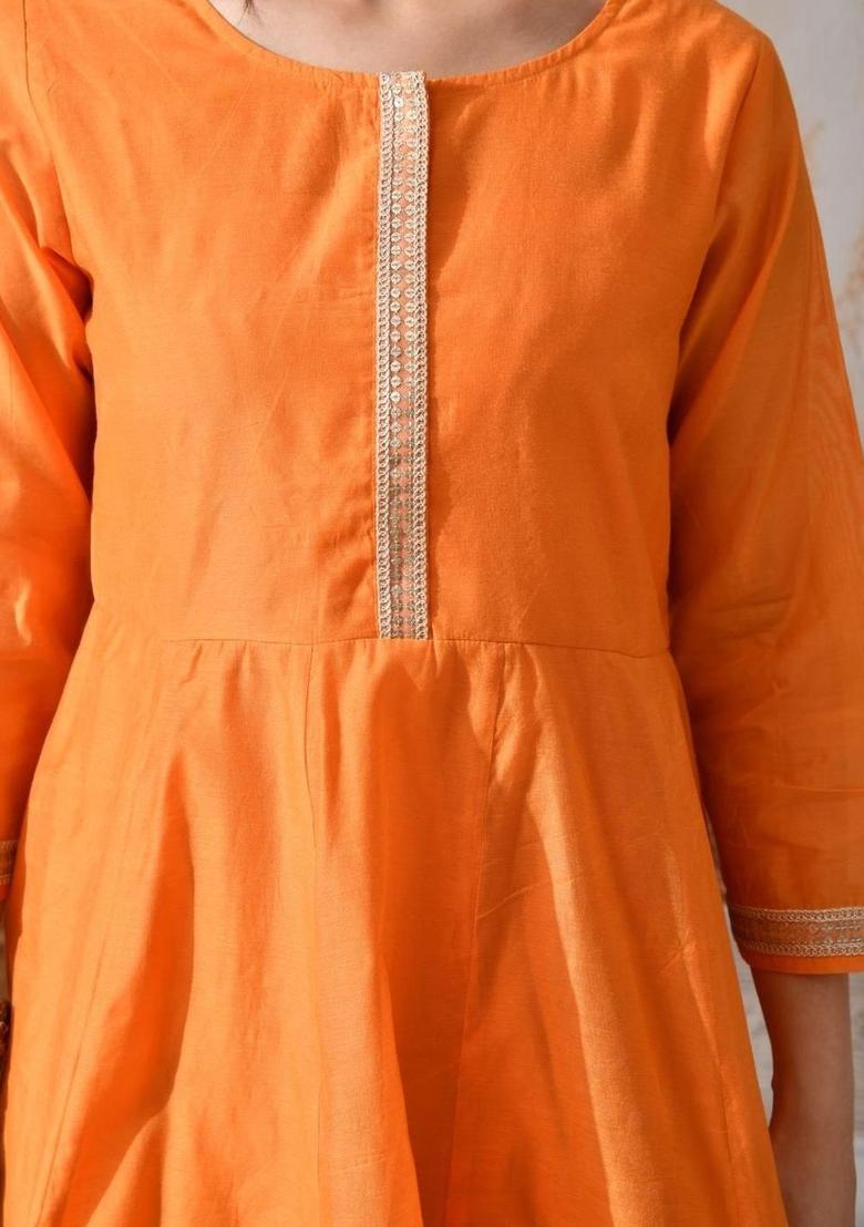 Orange Solid Silk Kurta Set - Indya