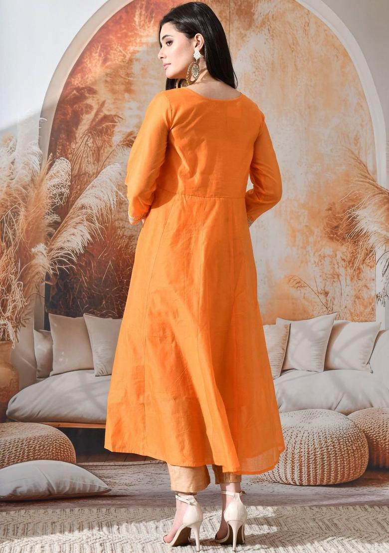 Orange Solid Silk Kurta Set - Indya