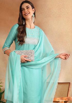 Turquoise Blue Embroidered Silk Kurta Set