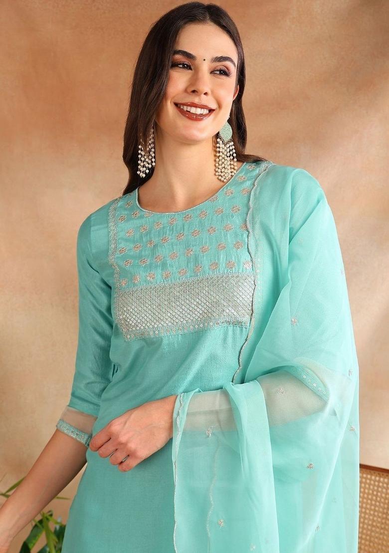 Turquoise Blue Embroidered Silk Kurta Set - Indya