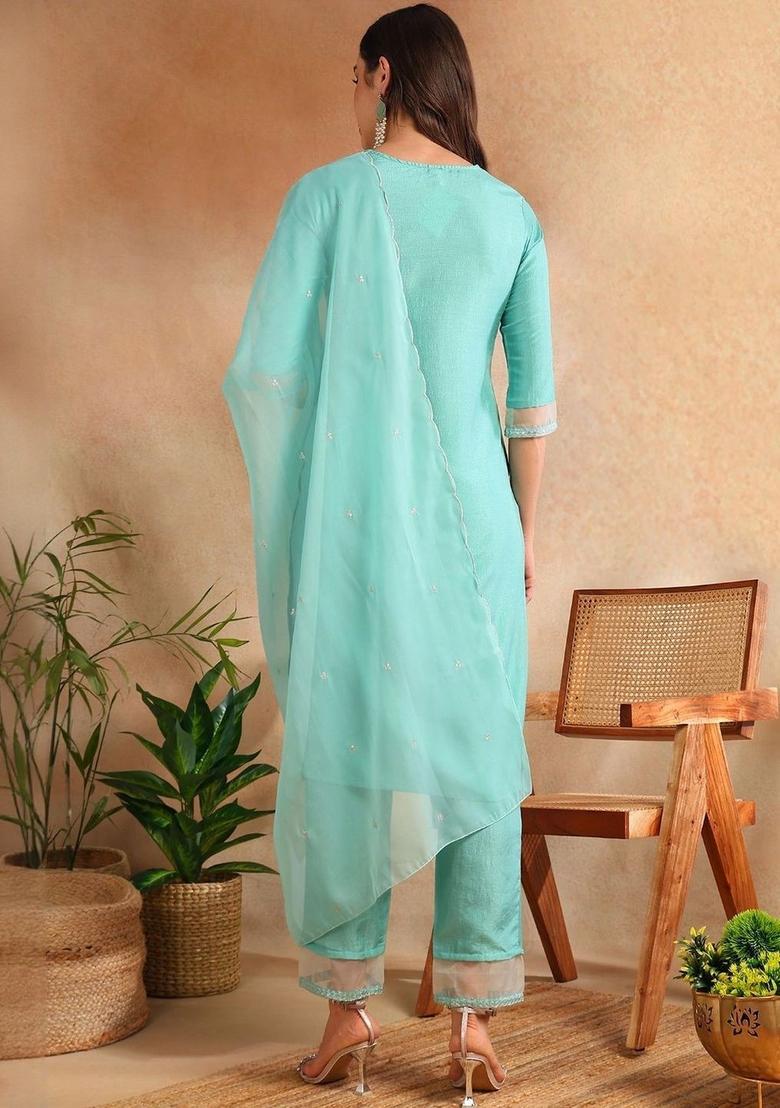Turquoise Blue Embroidered Silk Kurta Set - Indya