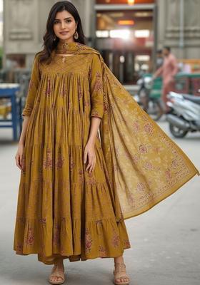 Mustard Printed Viscose Anarkali Set