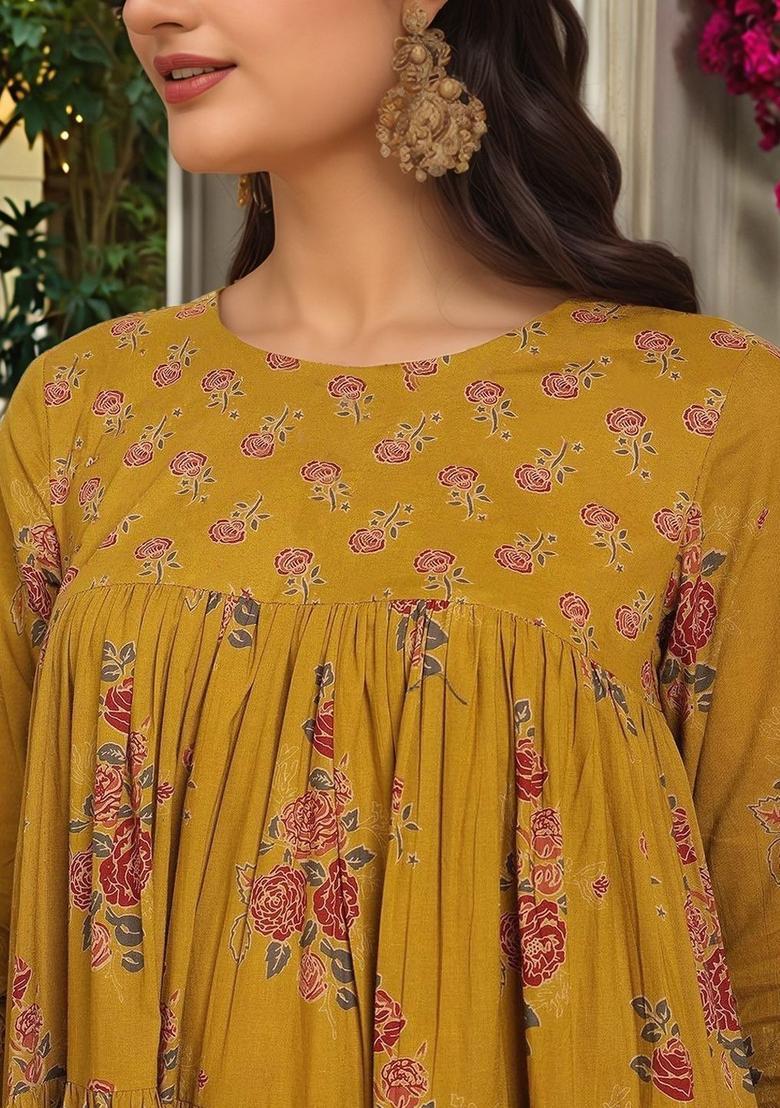 Mustard Printed Viscose Anarkali Set - Indya