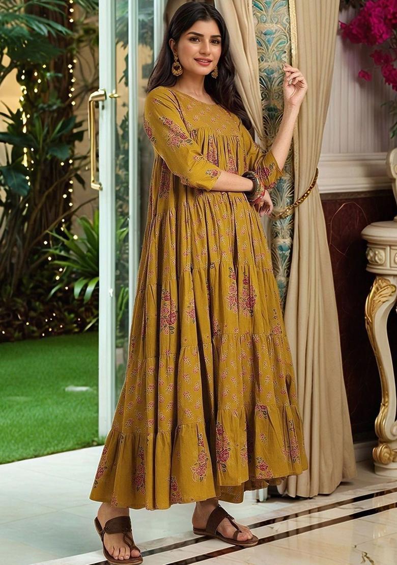 Mustard Printed Viscose Anarkali Set - Indya