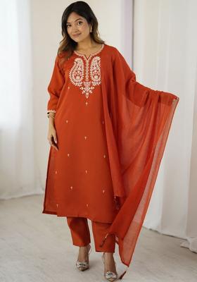 Rust Embroidered Silk Kurta Set