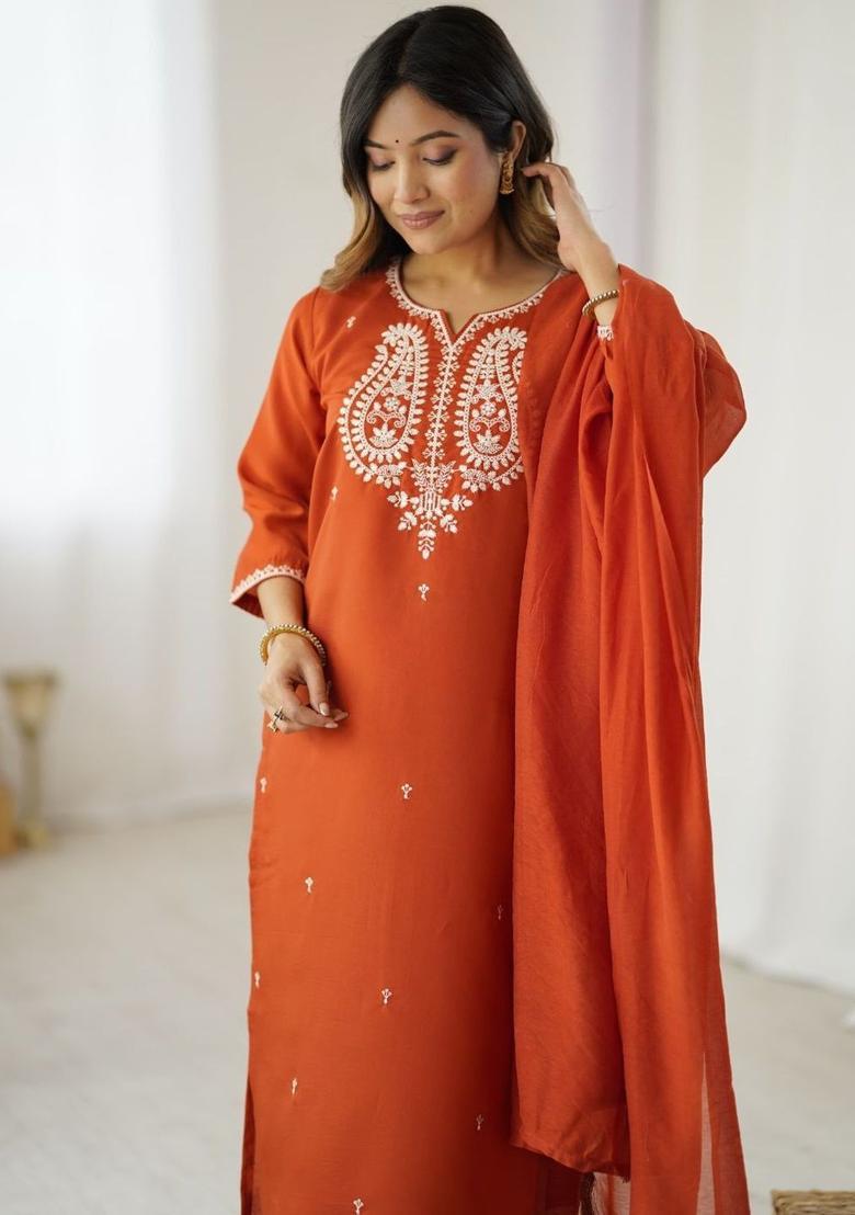 Rust Embroidered Silk Kurta Set - Indya