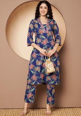 Blue Printed Viscose Kurta Set