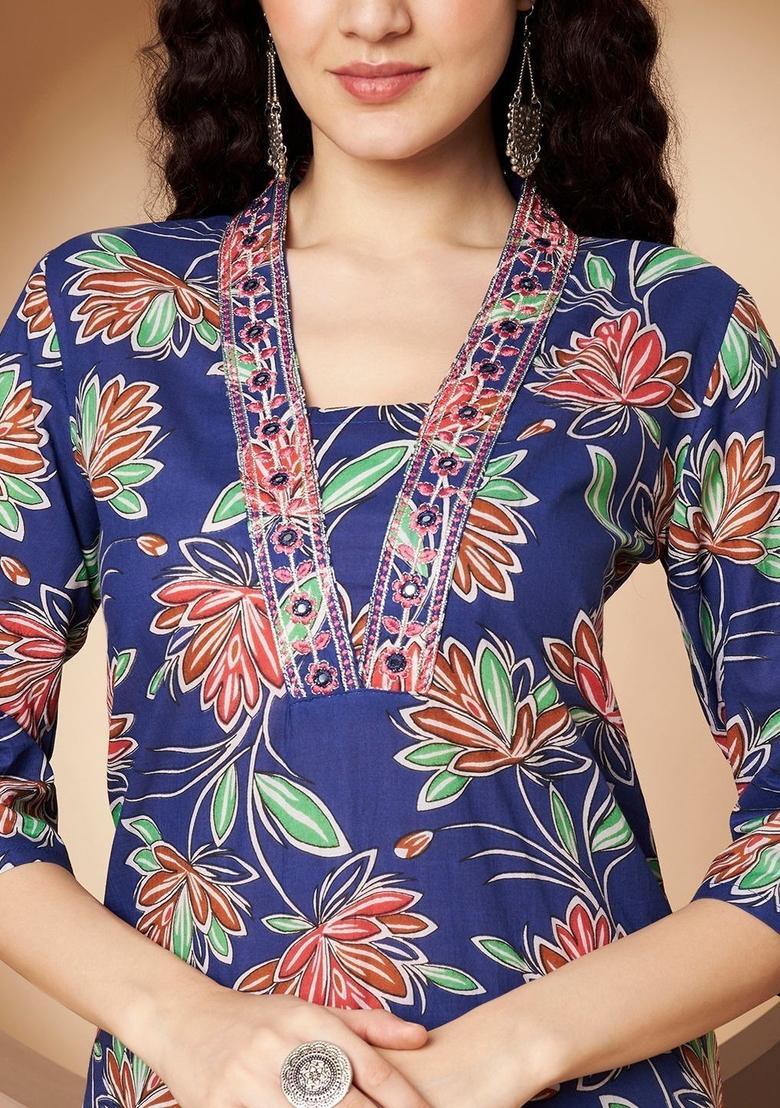 Blue Printed Viscose Kurta Set - Indya