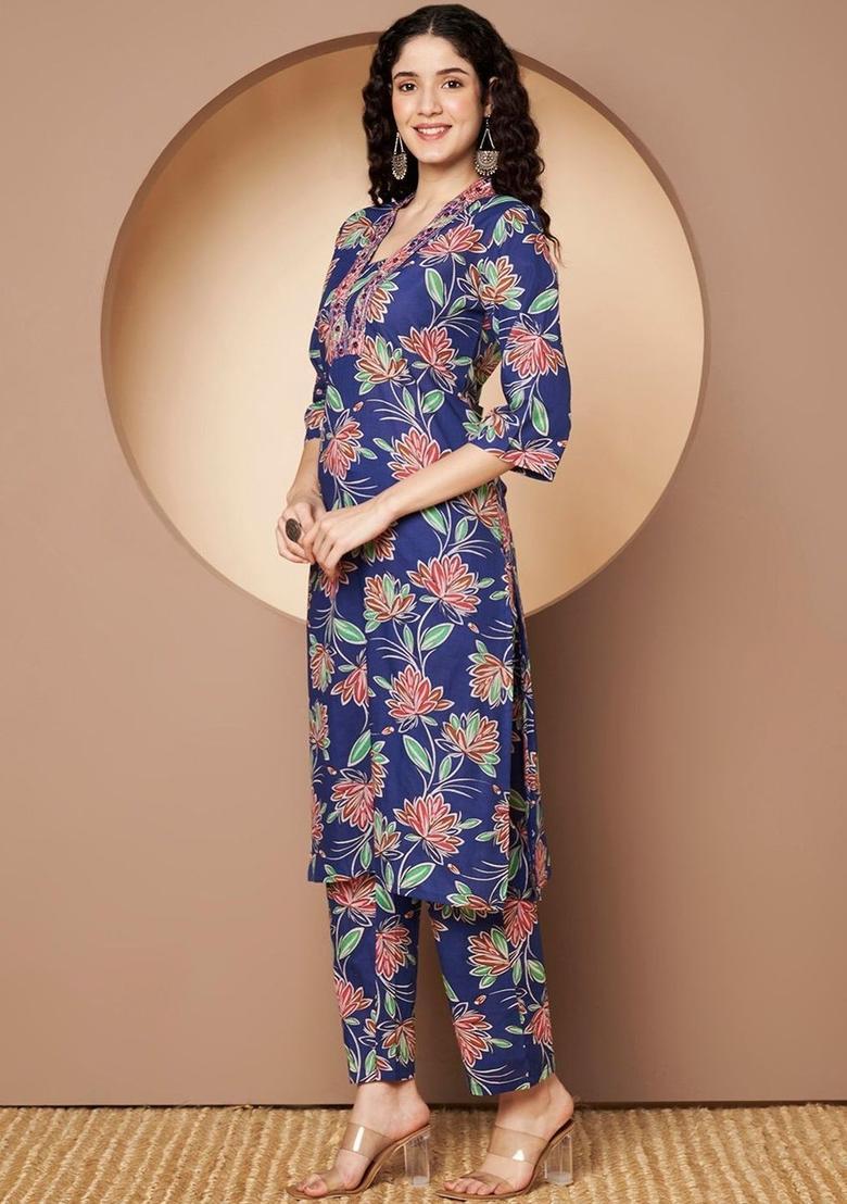 Blue Printed Viscose Kurta Set - Indya